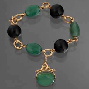 Pulsera en oro amarillo de 18kt con bolas de venturina y cristal verde.