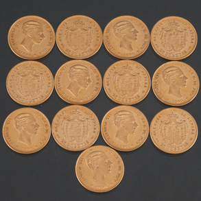 Conjunto de trece monedas de oro de 25 pesetas Alfonso XIII de 1890.