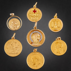 Conjunto de siete colgantes formado por medallas de la Virgen y símbolo del horóscopo y monedas.