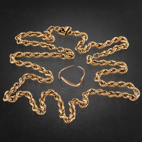 Conjunto de cadena en forma de cordón y montura de anillo (roto) en oro de 14 kt