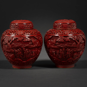 Pareja de tibores chinos en laca roja época revolución cultural del siglo XX.