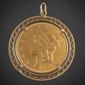 Colgante de moneda de veinte dólares de los Estados Unidos de América con bonita orla calada en oro amarillo de 18 kt.