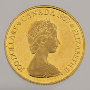 Moneda de 100 dólares canadienses Elisabeth II en oro de 22 kt de 1980