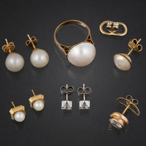 Miscelánea de piezas compuesto por anillo y pendientes con perla en oro amarillo de 18kt.