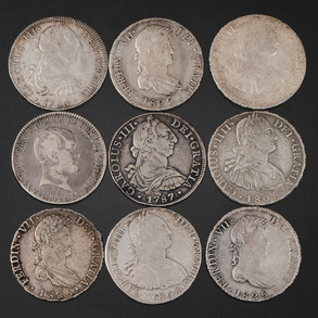 Conjunto de nueve monedas de Carlos III y Fernando VII