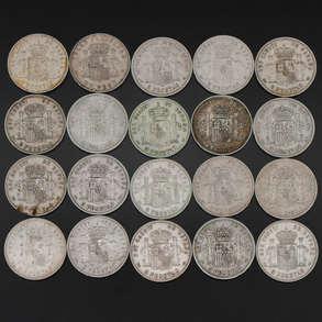 Conjunto de veinte monedas de cinco pesetas de Alfonso XII y Alfonso XIII