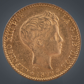 Moneda de veinte pesetas de Alfonso XIII en oro de 22kt del año 1899.