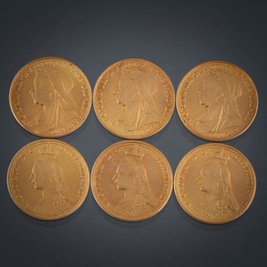 Conjunto de seis soberanos de la Reina Victoria en oro amarillo de 22 kt.