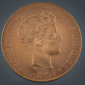 Moneda de cien pesetas de Alfonso XIII en oro de 22kt del año 1897.