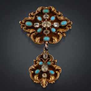 Broche del siglo XIX en oro amarillo de 18kt con cabujones de turquesa y piedras facetadas transparentes, topacios o citrinos.