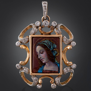 Colgante con esmalte de la Virgen en oro amarillo de 18 kt y brillante talla antigua.