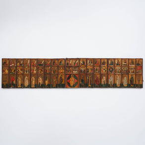 Icono plegable de viaje de diecinueve hojas pintadas con témpera sobre madera de finales del siglo XIX